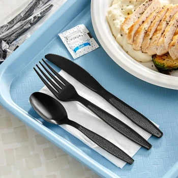 Choice Black Extra Heavy Weight Wrapped Polystyrene Plastic Cutlery Pack with Napkin and Salt and Pepper Packets - 500/Case