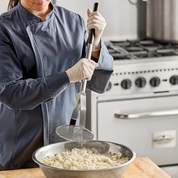 TableCraft 24" Chrome-Plated Steel Round-Faced Potato / Bean Masher with Black Vinyl Handle 7324