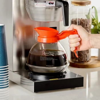 Avantco 64 oz. Polycarbonate Decaf Coffee Decanter with Stainless Steel Bottom and Orange Handle
