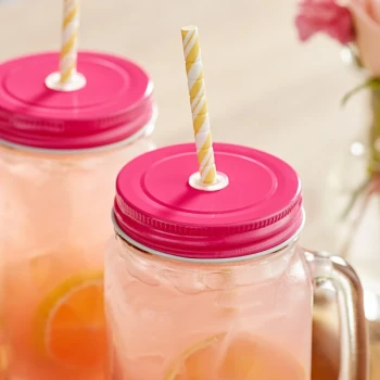Acopa Rustic Charm Pink Metal Drinking Jar Lid with Straw Hole - 12/Pack