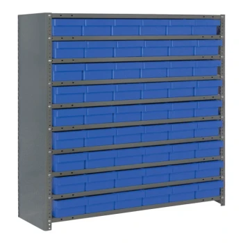 Quantum Super Tuff 36" x 12" x 39" Steel Closed 10-Shelf Euro Drawer Shelving System with (54) 11 5/8" x 5 9/16" x 2 1/8" Blue Bins CL1239-401BL