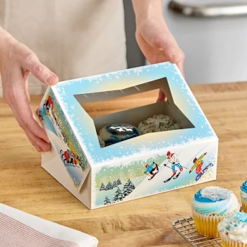 Southern Champion 8" x 5 3/16" x 2 1/2" Auto-Popup Window Cookie / Bakery Box with Ice Skating / Winter Design - 150/Case