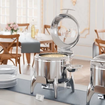 Acopa Voyage 11 Qt. Round Stainless Steel Induction Soup Chafer with Glass Top, Soft-Close Lid, and Stand with Fuel Holder