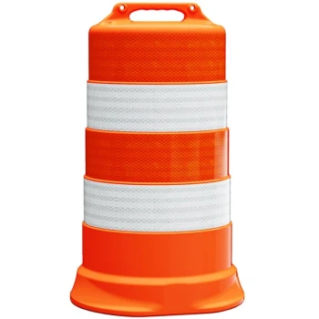 Plasticade® Commander 23 1/2" x 39" Orange Low-Density Polyethylene Traffic Drum with (4) 6" Prismatic-Grade Sheeting Strips 456-LD-T-42