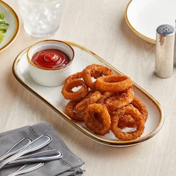 Acopa Keystone 12 1/2 inch x 6 inch Vanilla Bean Porcelain Oblong Coupe Platter - Sample