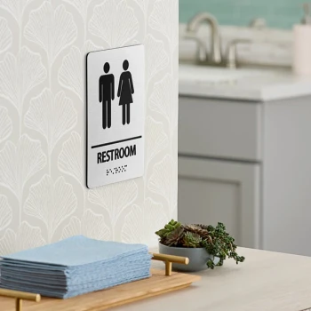 Lavex 9" x 6" Black / Silver Aluminum Composite Material Unisex Restroom Sign with Braille
