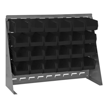 Quantum 27 3/4" x 8" x 21" Gray Steel Bench Rack with (24) 5 3/8" x 4 1/8" x 3" Black Bins QBR-2721-210-24BK