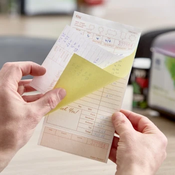 Choice 3 Part Tan and White Carbonless Guest Check with Beverage Lines and Bottom Guest Receipt - 2,000/Case