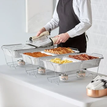 Choice 18 Piece Full Size Disposable Chafer Dish Kit with (3) Wire Stands, (3) Deep Pans, (6) 1/2 Size Shallow Pans, and (6) 4 Hour Wick Fuels