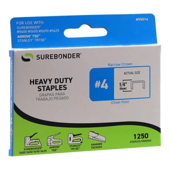 Surebonder 1/4" #4 Heavy-Duty Narrow Crown Staples 1,250-Count 55014 - 50/Case