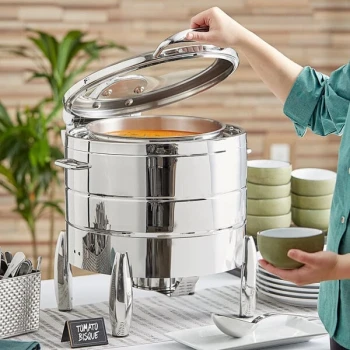 Acopa Manchester 11 Qt. Soup Stainless Steel Induction / Traditional Dual Purpose Chafer with Glass Top, Soft Close Lid, and Stand with Fuel Holder
