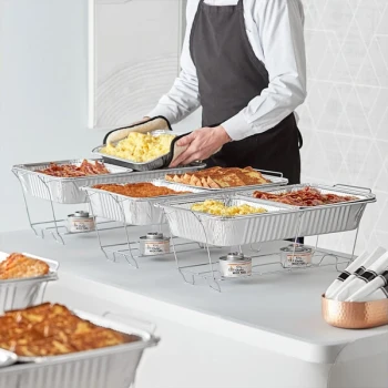 Choice 36 Piece Full Size Disposable Chafer Dish Kit with (6) Wire Stands, (6) Deep Pans, (12) 1/2 Size Shallow Pans, and (12) 4 Hour Wick Fuels