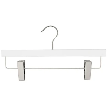 14" White Low Gloss Flat Wooden Skirt / Pant Hanger with Brushed Chrome Hardware - 100/Pack