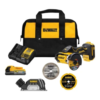 DeWalt XR 20V MAX 3" Compact Cordless Brushless Cut-Off Tool Kit with Rechargeable 1.7 Ah Lithium-Ion Battery, Charger, and Storage Bag DCS438E1