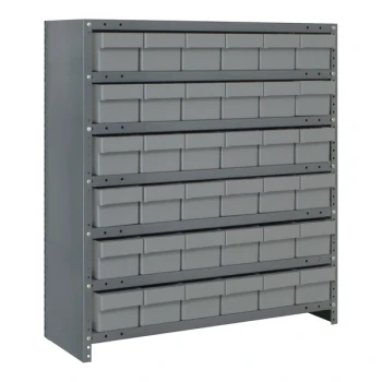 Quantum Super Tuff 36" x 12" x 39" Steel Closed 7-Shelf Euro Drawer Shelving System with (36) 11 5/8" x 5 9/16" x 4 5/8" Gray Bins CL1239-601GY