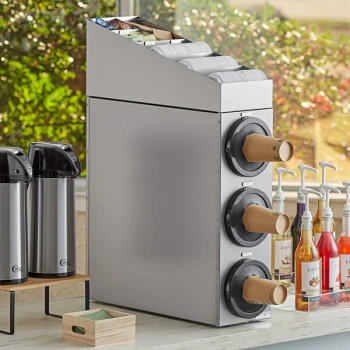 KleanTake by ServSense Stainless Steel Countertop 8-44 oz. Cup Dispenser Cabinet with Lid / Straw / Condiment Organizer - 3 Slots