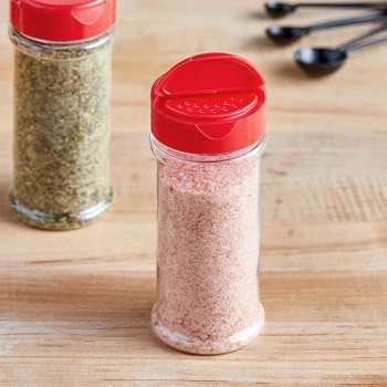 8.4 oz. Round Plastic Spice Container and 53/485 Red Induction-Lined Dual Flapper Lid with 13 Holes - 285/Case