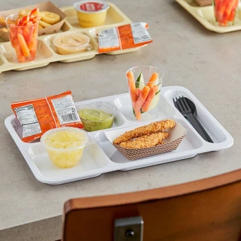 Choice 10" x 14" Right Handed Heavy-Duty Melamine NSF White 6 Compartment Tray - 12/Pack