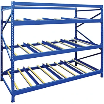 Vestil 36" x 96" x 84" Blue Steel 3-Level Carton Rack with Gravity Rollers FLOW-3-3