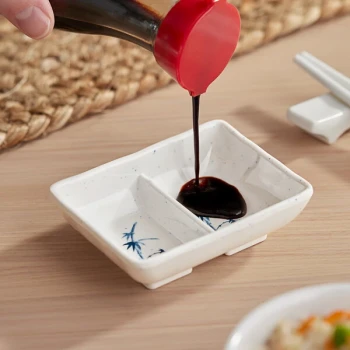 Acopa Biru 2 oz. Rectangular Melamine Divided Sauce Dish - 24/Case