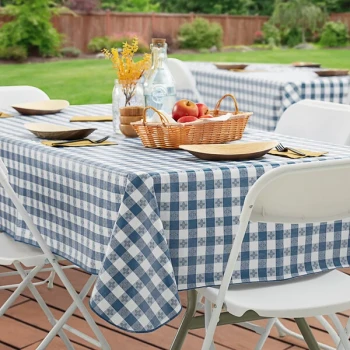 Choice 52" x 70" Navy Textured Gingham Vinyl Table Cover with Flannel Back