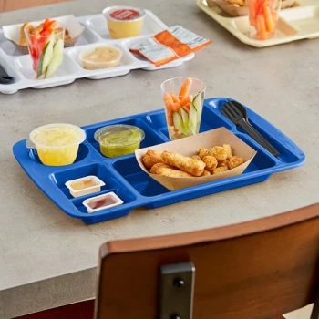 Choice 10 1/2" x 15 1/2" Right Handed Heavy-Duty Melamine NSF Blue 7 Compartment Tray - 12/Pack