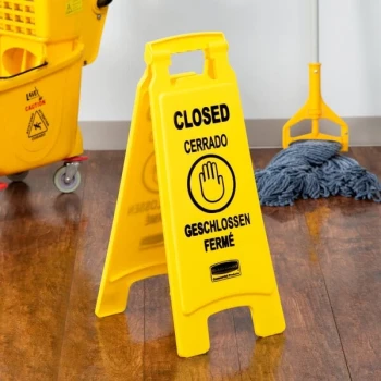 Rubbermaid® FG611278YEL 25" Yellow Double Sided Multi-Lingual Wet Floor Sign - "Closed"