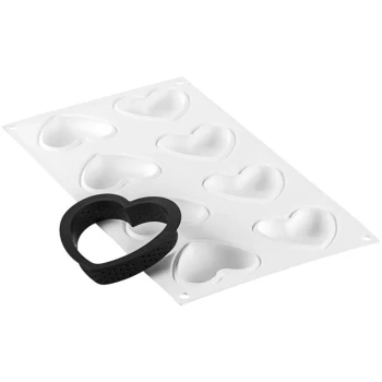 Silikomart KIT TART RING AMORE 8 Compartment Heart-Shaped Silicone Baking Mold - 2 1/2 inch x 2 1/4 inch Cavities with (8) 3 1/4 inch x 2 3/4 inch Heart Tart Rings