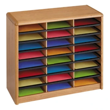 Safco 7111MO 32 1/4" x 13 1/2" x 25 3/4" Oak 24 Compartment Steel/Fiberboard File Organizer