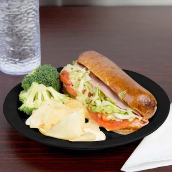 Cambro 93CW110 Camwear® 3 Compartment 9 inch Black Polycarbonate Narrow Rim Plate - 48/Case