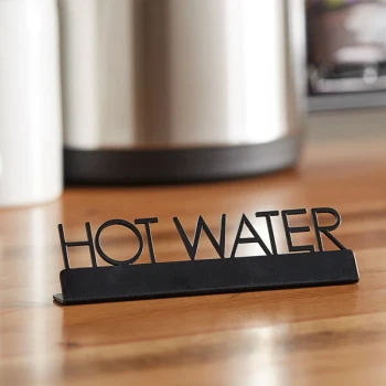 American Metalcraft SBHW5 5" x 3/4" x 1 1/2" Black Laser-Cut Tabletop Sign with "Hot Water" Print