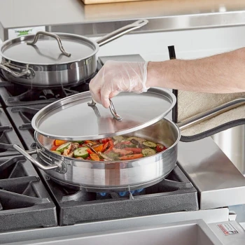 Vigor SS1 Series 5 Qt. Stainless Steel Aluminum-Clad Saute Pan with Lid and Helper Handle