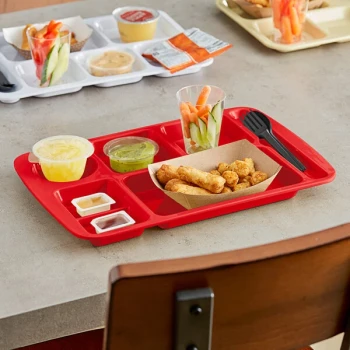 Choice 10 1/2" x 15 1/2" Right Handed Heavy-Duty Melamine NSF Red 7 Compartment Tray - 12/Pack