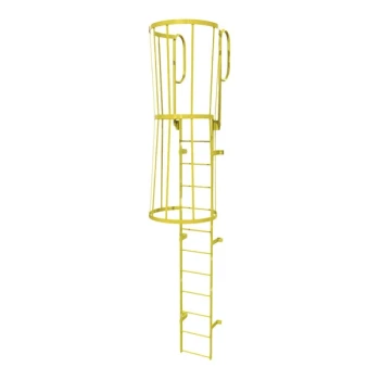 Tri-Arc 12-Rung Yellow Steel Fixed Ladder with Safety Cage and Walk-Thru Guardrails WLFC1212-Y - 350 lb. Capacity