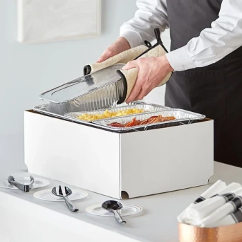Choice 20 Piece Full Size Disposable Serving / Chafer Dish Kit with a Wire Stand, Deep Pan, (3) 1/3 Size Deep Pans, (3) 1/3 Size Lids, Wind Guard, (2) 4 Hour Wick Fuels, and (9) Utensils