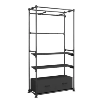 Econoco Pipeline 48" x 20" x 95 3/8" Anthracite Gray Metal Freestanding Merchandising Unit with Faceout Garment Bars, 2 Shelves, and 2 Drawers