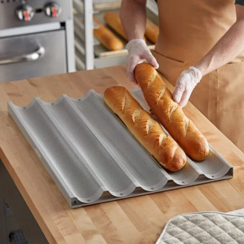 Baker's Lane 5 Loaf Glazed Aluminum Baguette / French Bread Pan - 26 inch x 3 inch x 1 inch Compartments