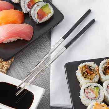 Acopa Heika 9" Black / Silver 18/8 Stainless Steel Extra Heavy Weight Chopstick Set - 12/Pack