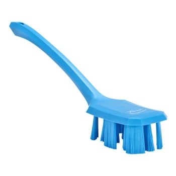 Vikan Ultra Safe Technology 41963 15 5/8" Blue Hand Brush with Long Handle and Stiff Bristles