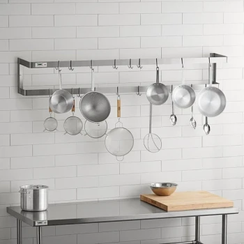 Regency 72" Stainless Steel Wall Mounted Double Line Pot Rack with 18 Galvanized Double Prong Hooks