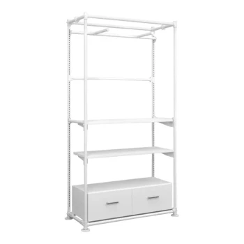 Econoco Pipeline 48" x 20" x 95 3/8" Gloss White Metal Freestanding Merchandising Unit with Faceout Garment Bars, 2 Shelves, and 2 Drawers