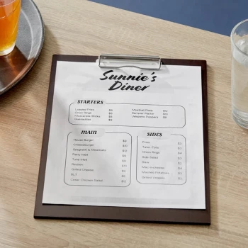 Choice 9" x 12 1/2" Customizable Dark Wood Color Menu Holder / Presenter with Clip