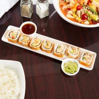 American Metalcraft Prestige PORS136 - 13" x 6" Porcelain Tray with Sauce Cups