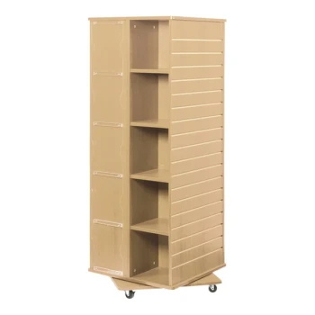 23 1/2" x 23 1/2" x 63" Maple Laminated Wood Mobile Slatwall and Cube Rotating Display Merchandiser