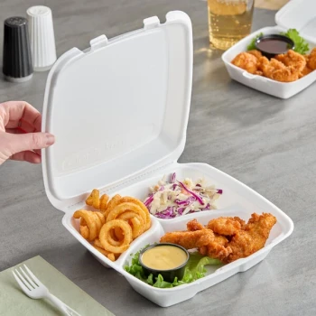 Dart 90HTPF3R 9" x 9" x 3" White Foam 3 Compartment Square Take Out Container with Perforated Hinged Lid - 200/Case