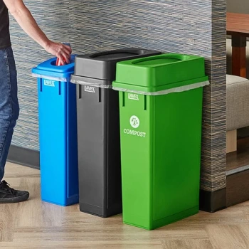Lavex 69 Gallon 3-Stream Slim Rectangular Trash / Recycle / Compost Station with Black Drop Shot Lid, Green Drop Shot Lid, and Blue Can / Bottle Lid