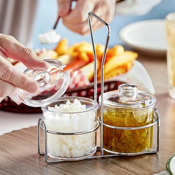 Choice 2-Compartment Wire Condiment Caddy with (2) 7 oz. Clear Plastic Jars with Lids