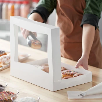 Baker's Lane 16" x 12" x 2 1/4" White Customizable Auto-Popup Window Donut / Bakery Box - 10/Pack