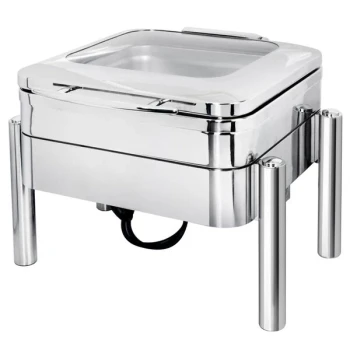 Eastern Tabletop 3977GS Jazz Swing 4 Qt. Stainless Steel Square Chafer with Pillar'd Stand and Hinged Glass Dome Cover