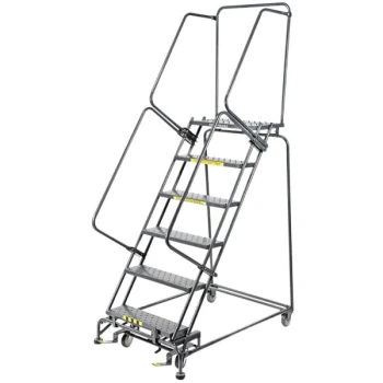 Ballymore M-2000 Series 5-Step Gray Steel Rolling Safety Ladder with Serrated Tread, 16" Wide Steps, and 14" Deep Top Step 052414G - 450 lb. Capacity